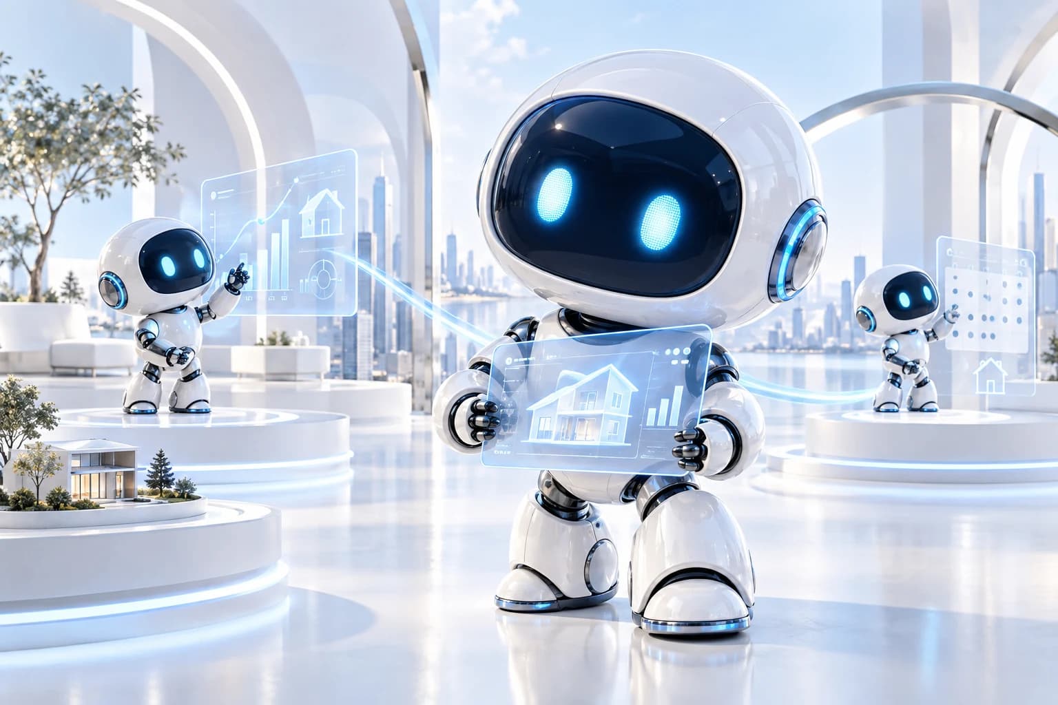 A team of glossy white Synthetic Echo AI assistants preparing property research in a luminous studio